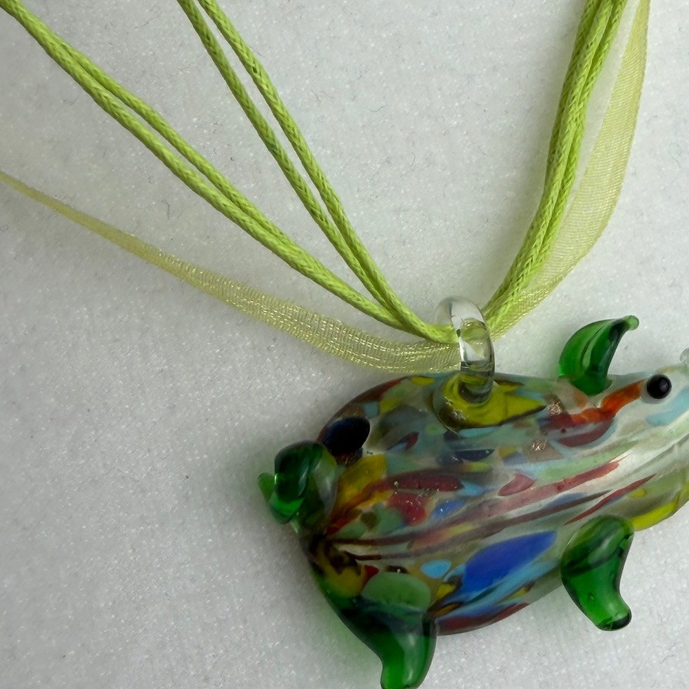 Art Glass Pig Pendant Necklace Lime Green Ribbon Cord Confetti Animal Jewelry - Picture 9 of 10